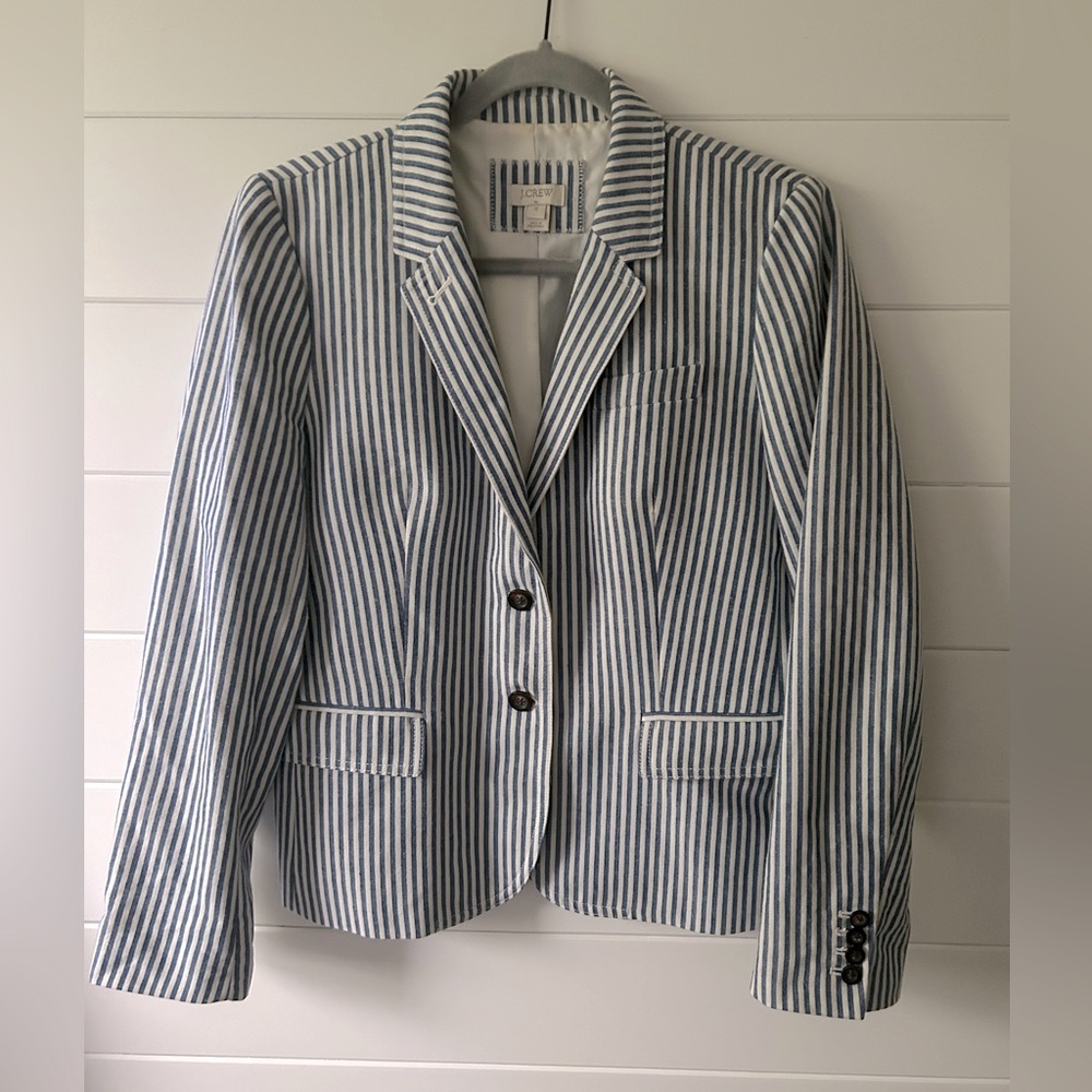 J. Crew | Women's Blue Striped 100% Linen Two Button Schoolboy Blazer | Size 12